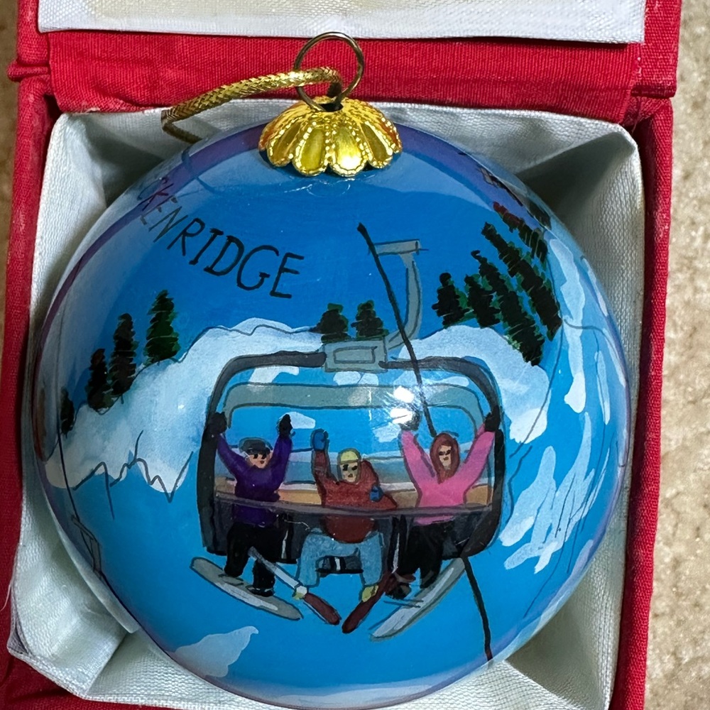 Hand Painted Glass Christmas Ornament -  Breckenridge, Colorado Ski. Preowned.